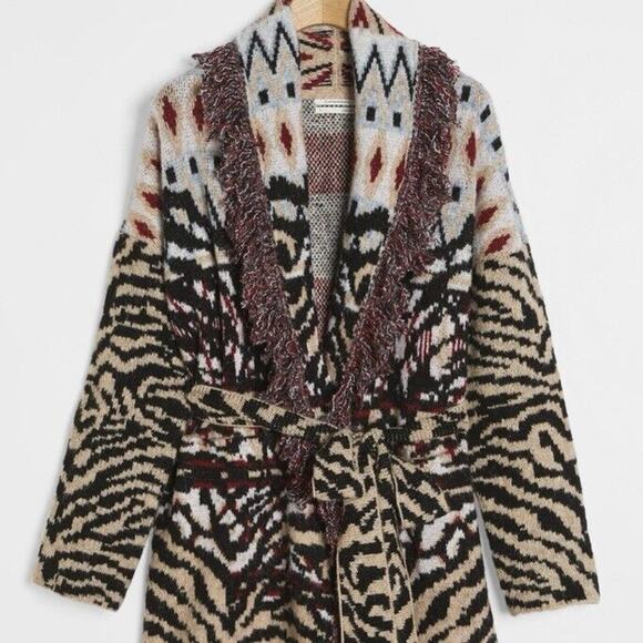 ANTHROPOLOGIE COAT SWEATER FRINGED PENNY LANE ANIMAL PRINT Sz S BOHO AESTHETIC - Picture 11 of 16